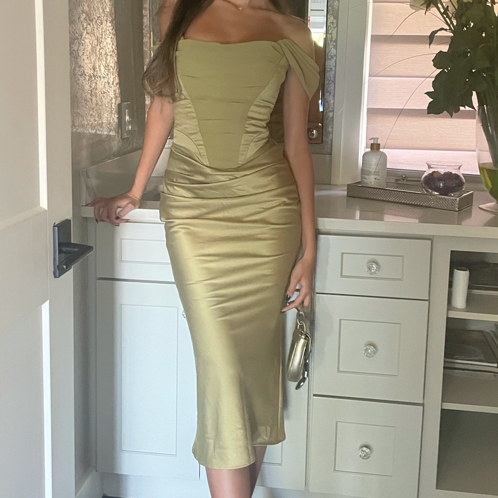 House of CB Natalya Olive Satin Corset Off the Shoulder Satin Midi Dress.